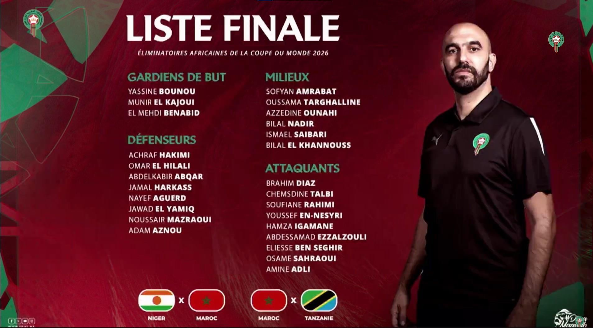 Matchs contre le Niger et la Tanzanie : voici la liste de Regragui